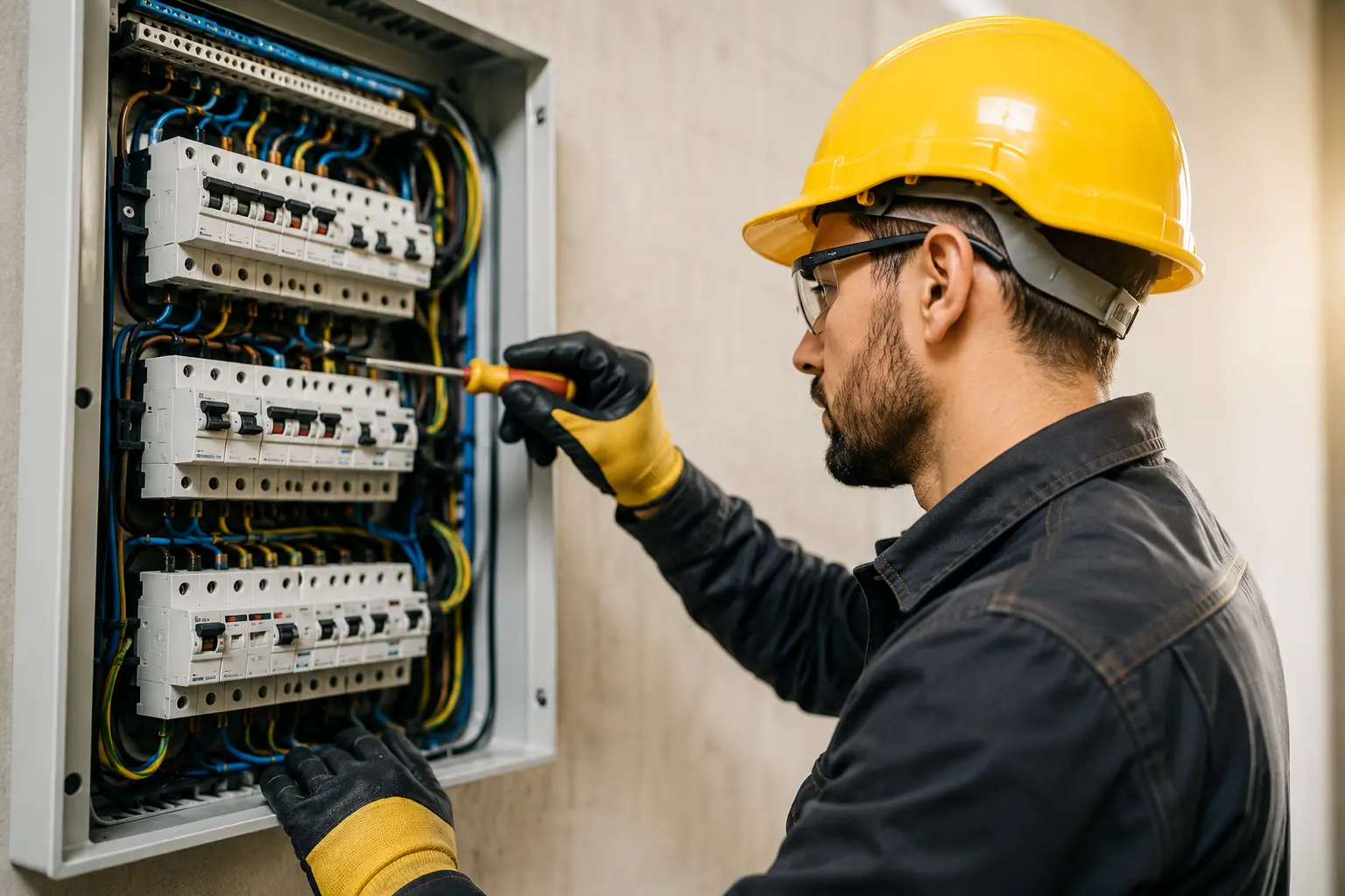Elettricista al lavoro su un impianto elettrico a Verona