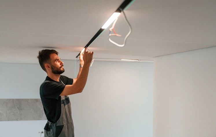 Tecnico che installa un punto luce LED a soffitto
