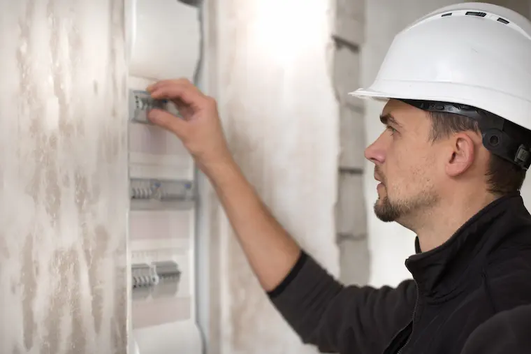 Tecnico al lavoro su un impianto elettrico commerciale
